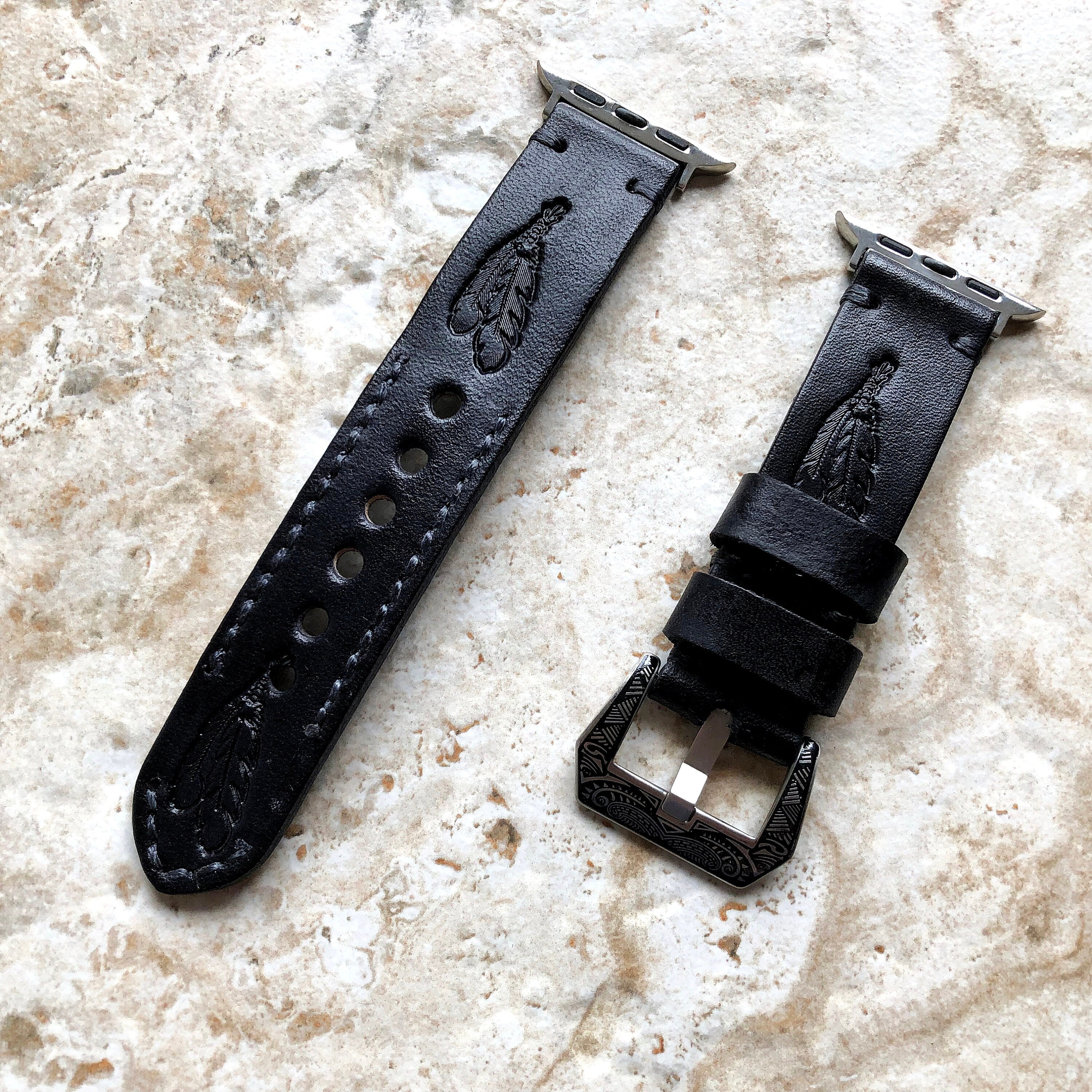 Apple Watch Genuine Leather Band Feathers Black for iWatch Ultra 2 49mm and 9 8 Series 41mm 45mm Tooled Embossed Handmade Strap Bracelet